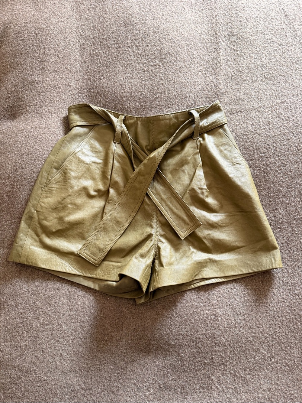 Intermix Olive Leather Tie-Waist Shorts